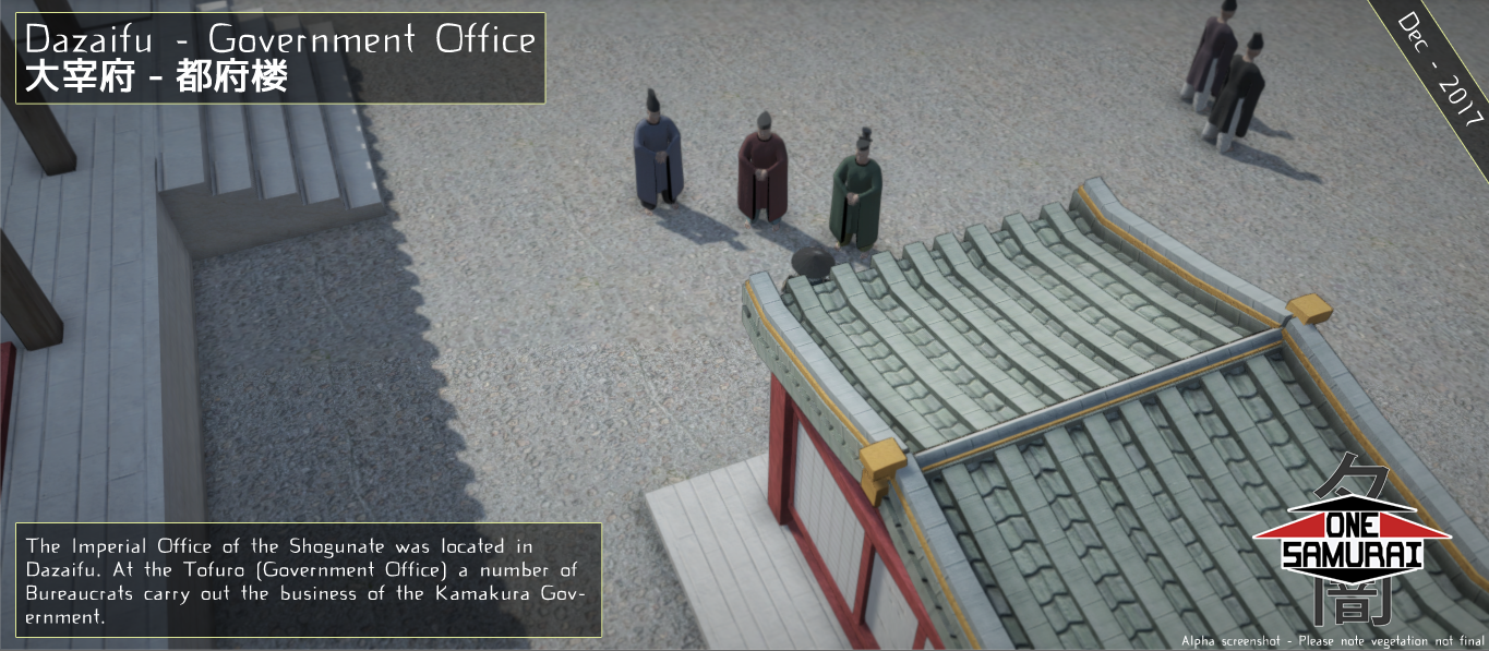 Bureaucrats of Dazaifu talking to an unnamed person in front of a building