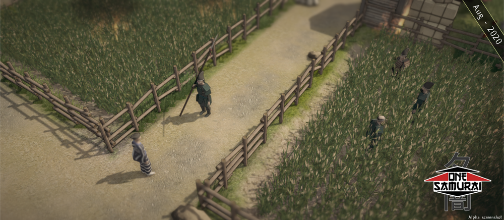 Samurai hidden in a field as it begins to burn