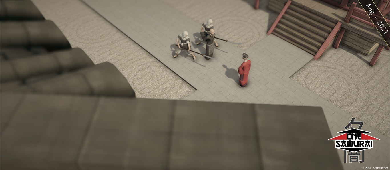 A Monk flanked by two Souhei speaks with a visiting Bureaucrat in the grounds of Shitennou-ji