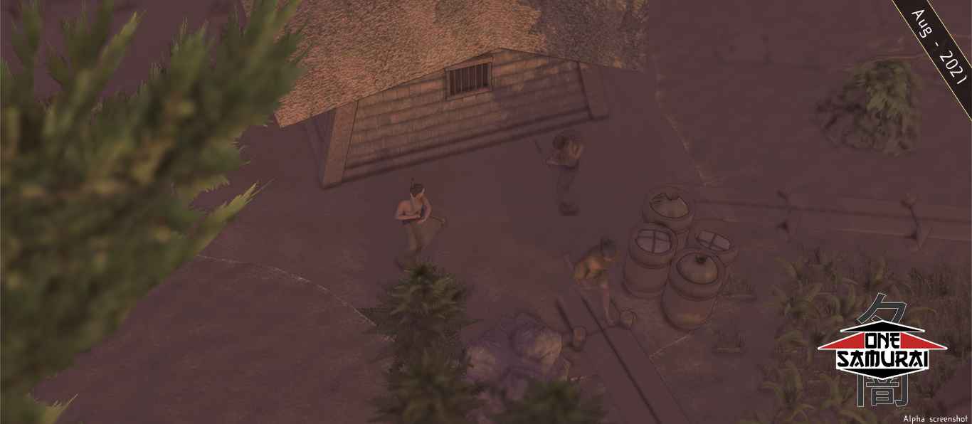 Two warriors fight with a club and a bladed weapon among a wooded marshy village