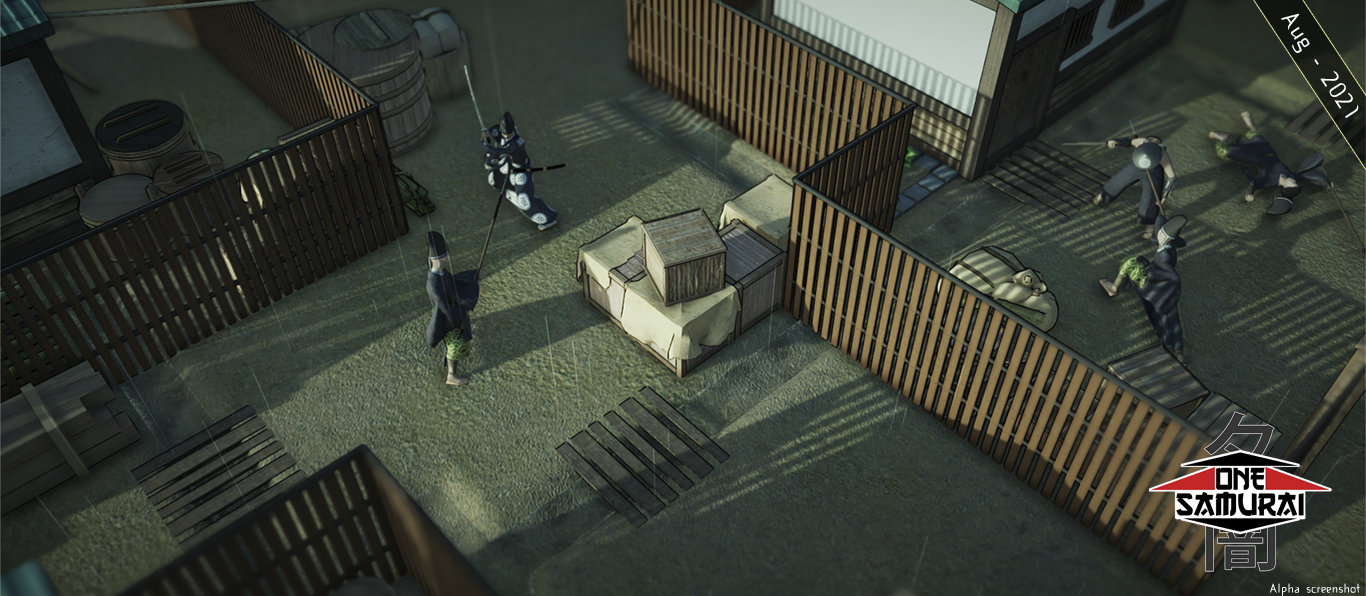 A man with a sword prepares to fight a foe armed with a spear. They are situated in a rainy dense city.