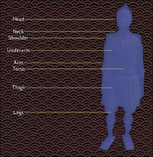 A figure of a man pointing out the different areas that can be hit