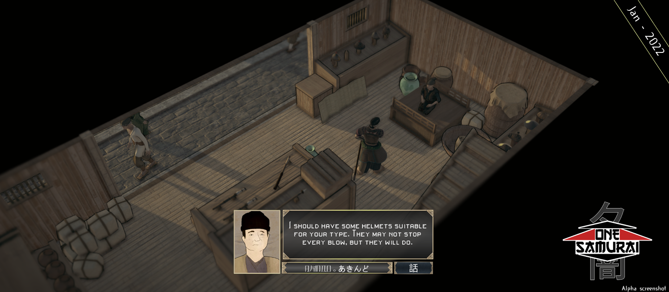 A Warrior speaking to a shopkeeper, who is attempting to sell him helmets