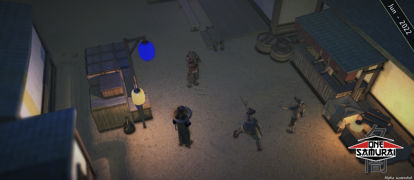 A samurai stops in front of three armed bandits in Naniwa City