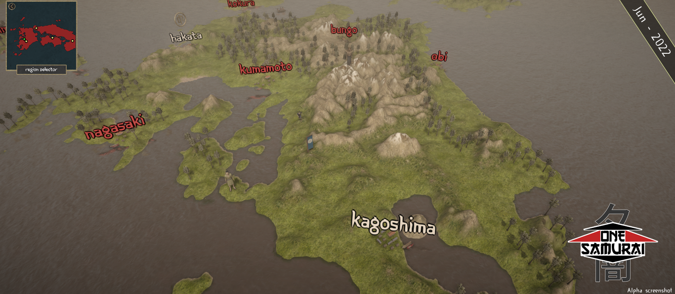 A map of Kyushu in Japan, with each settlement labled. The settlements are in order from top left "