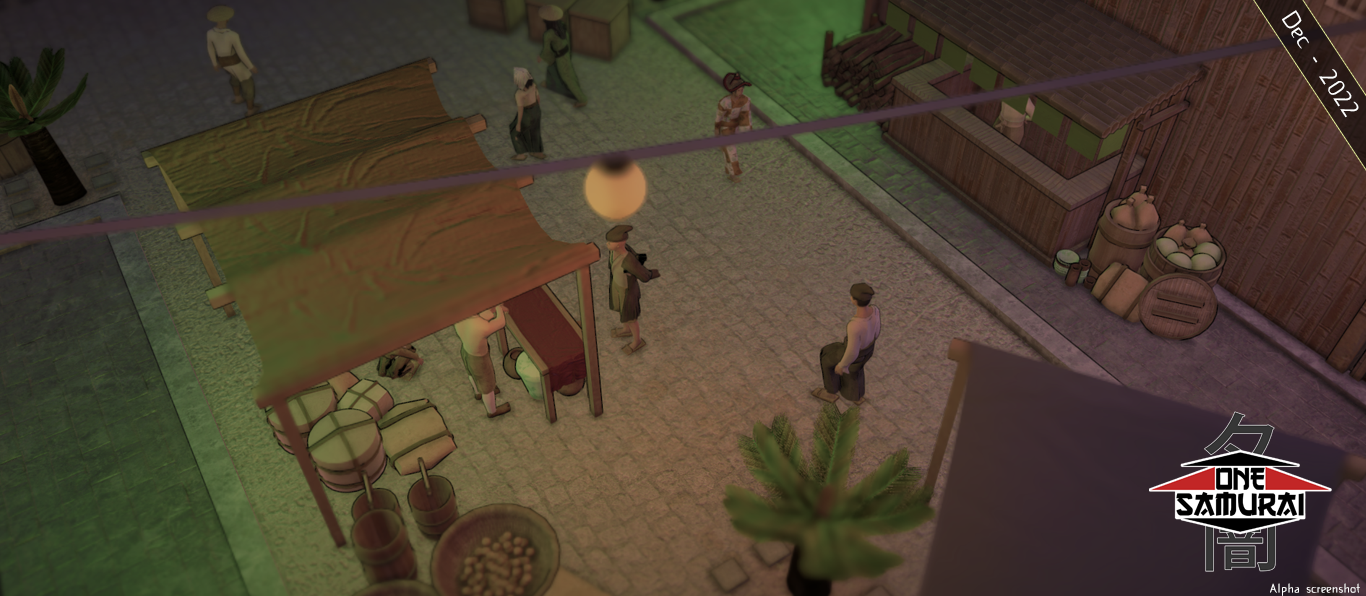 A market place seen at night. People wander and barter below the paper lanterns