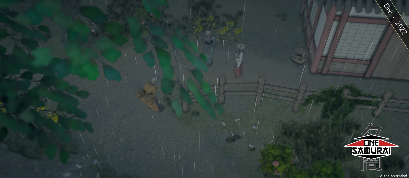 A priest and a miko speak to a pilgrim on a rainy night